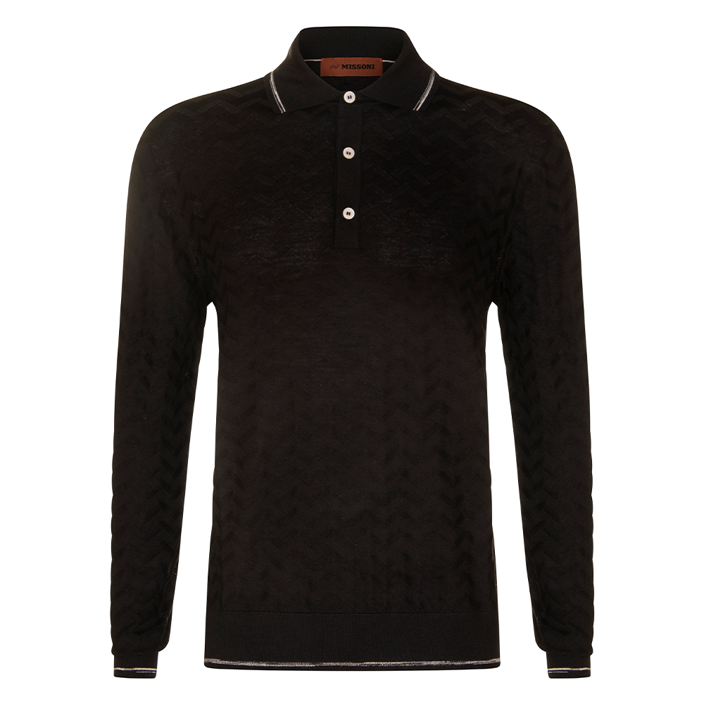 MISSONI LONG SLEEVE FINE KNIT CHEVRON POLO BLACK