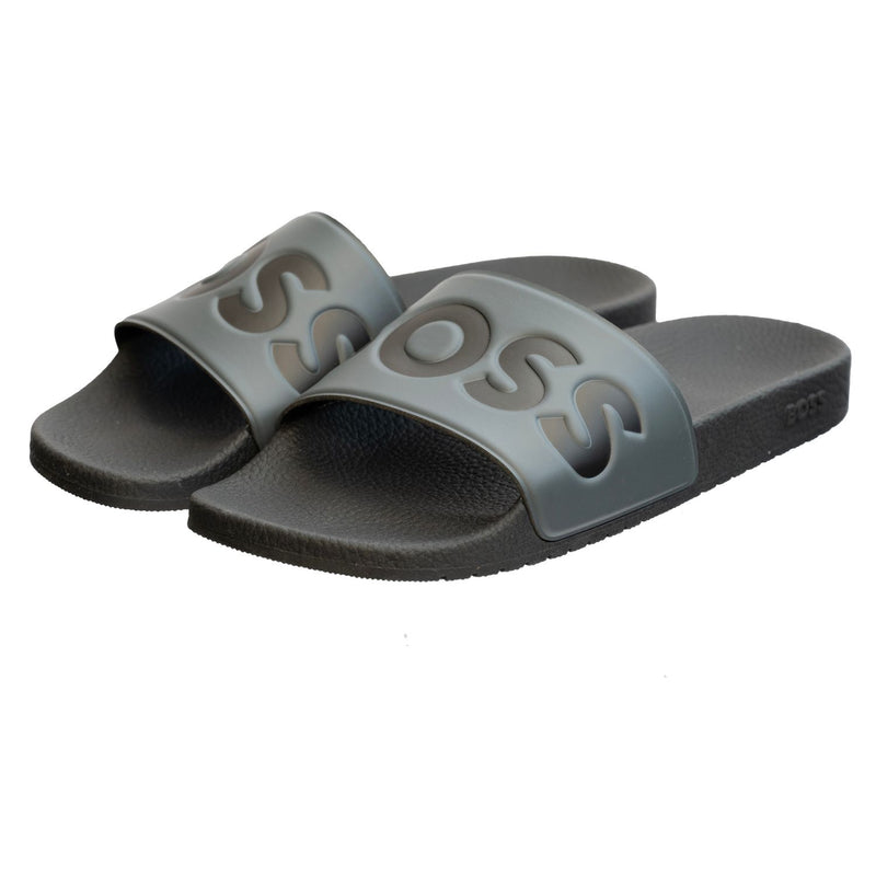 Boss Aryeh Italian-made slides with large logo detail grey