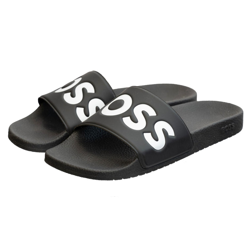 Boss Aryeh Italian-made slides with large logo detail black