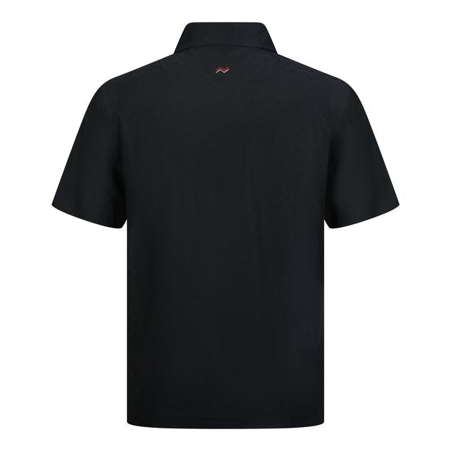 Black polo shirt with a logo on the back against a white background